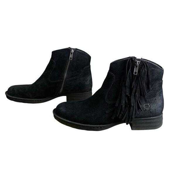 Born Kenia Black Suede Fringe Ankle Boots Boho Western Style Women’s Size 7M - Picture 2 of 12